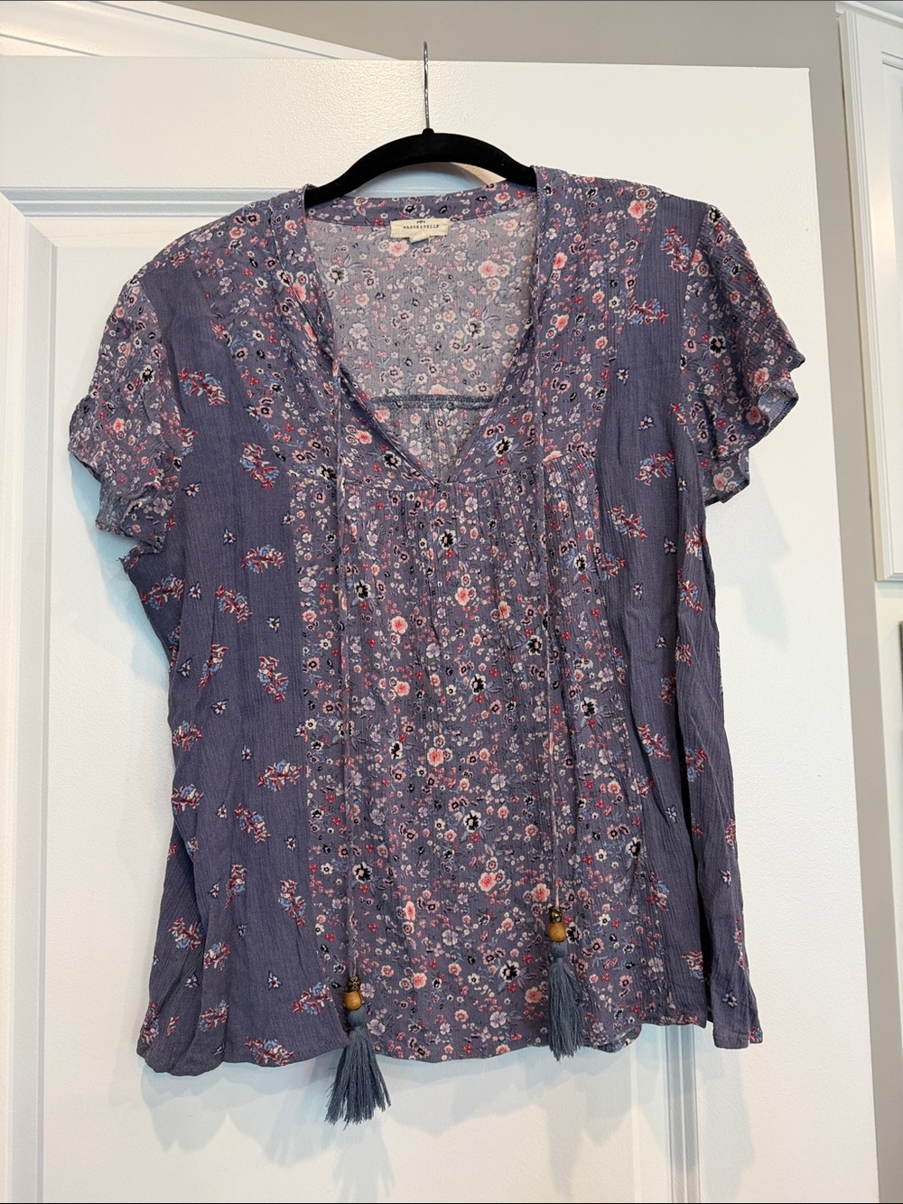 Women's Floral Peasant Blouse in Dusty Blue - Boho Tassel Top